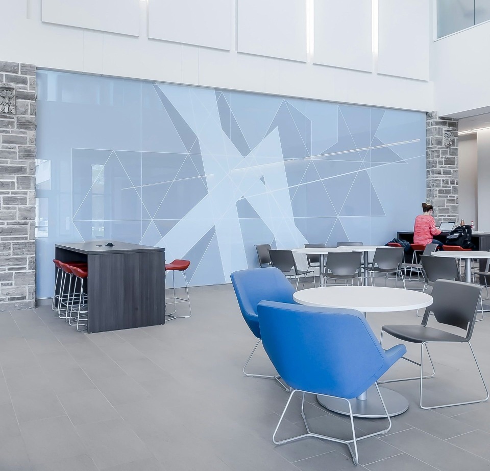 Modern office lobby with seating area