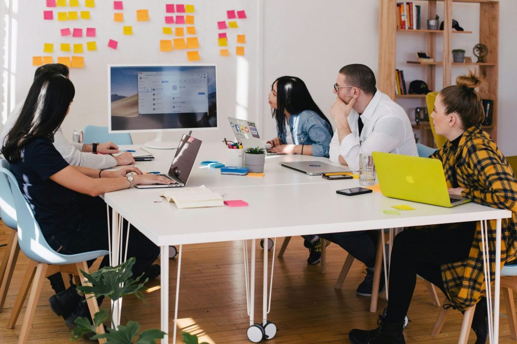 Group discussing in modern office setting